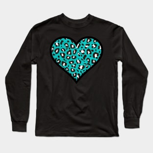 Teal, Black, and White Leopard Print Heart Long Sleeve T-Shirt